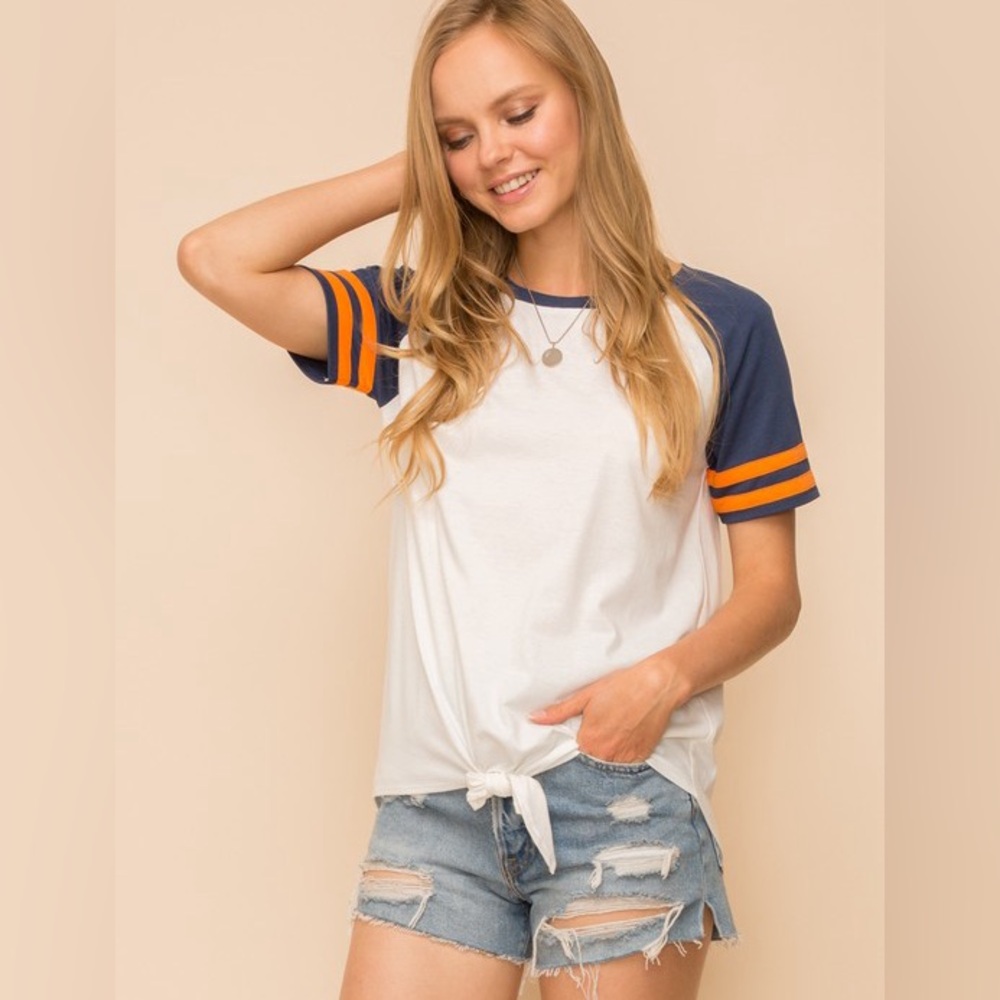 Navy orange baseball boho stripe color block tie front sleeve tunic top shirt
